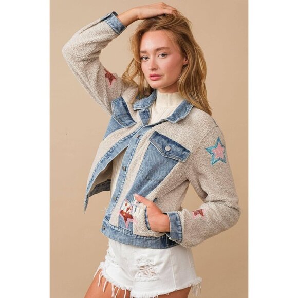 Teddy Denim Contrast Yee Haw Sequin Star Jacket - Picture 12 of 16